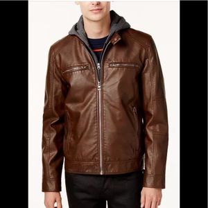 GUESS Men's Faux Leather Hooded Moto Jacket. Color Brown Size L